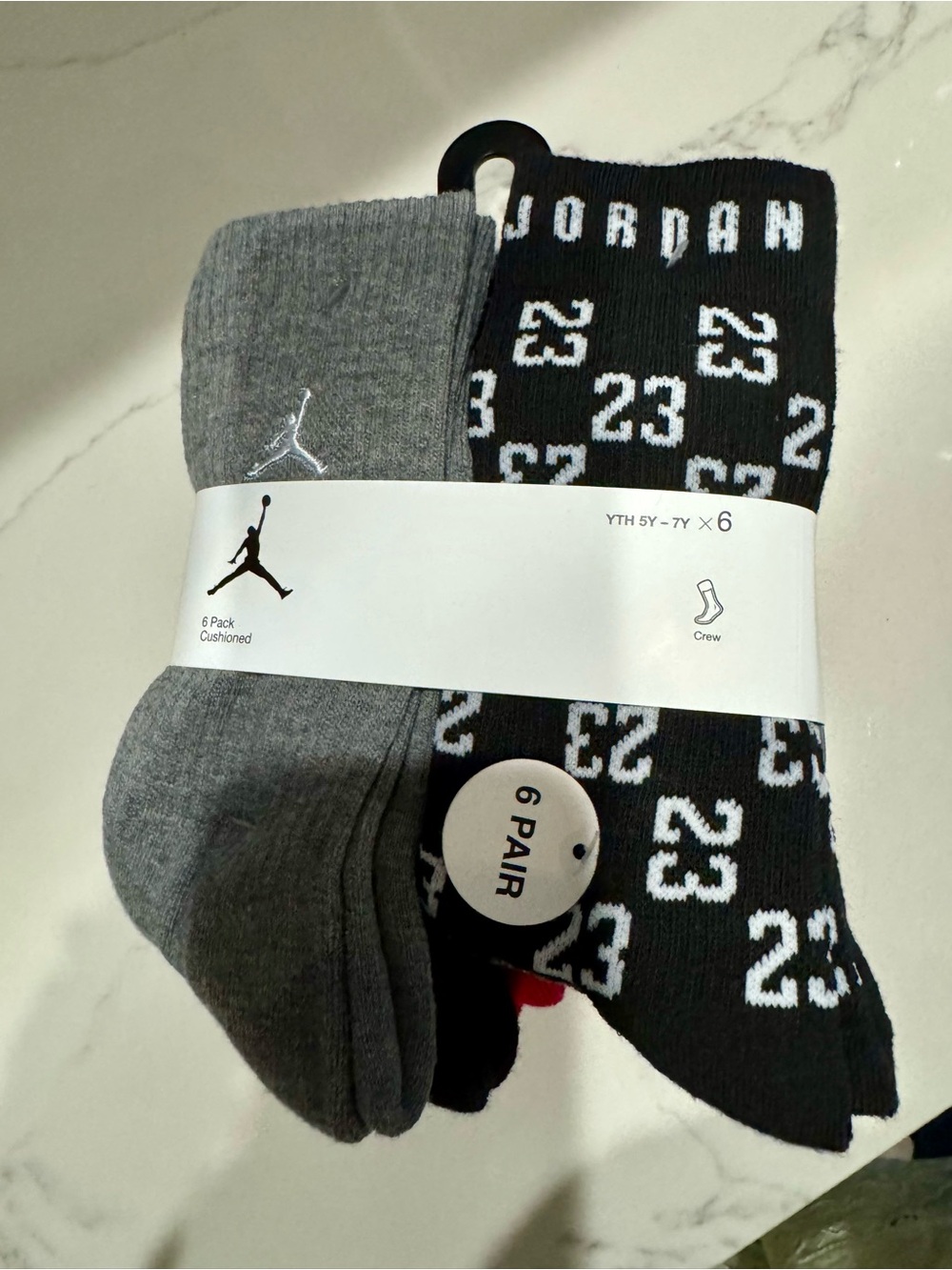 Jordan Boys Youth sz.5-7 Crew Socks 6-Pack - Black & Gray with White Accents